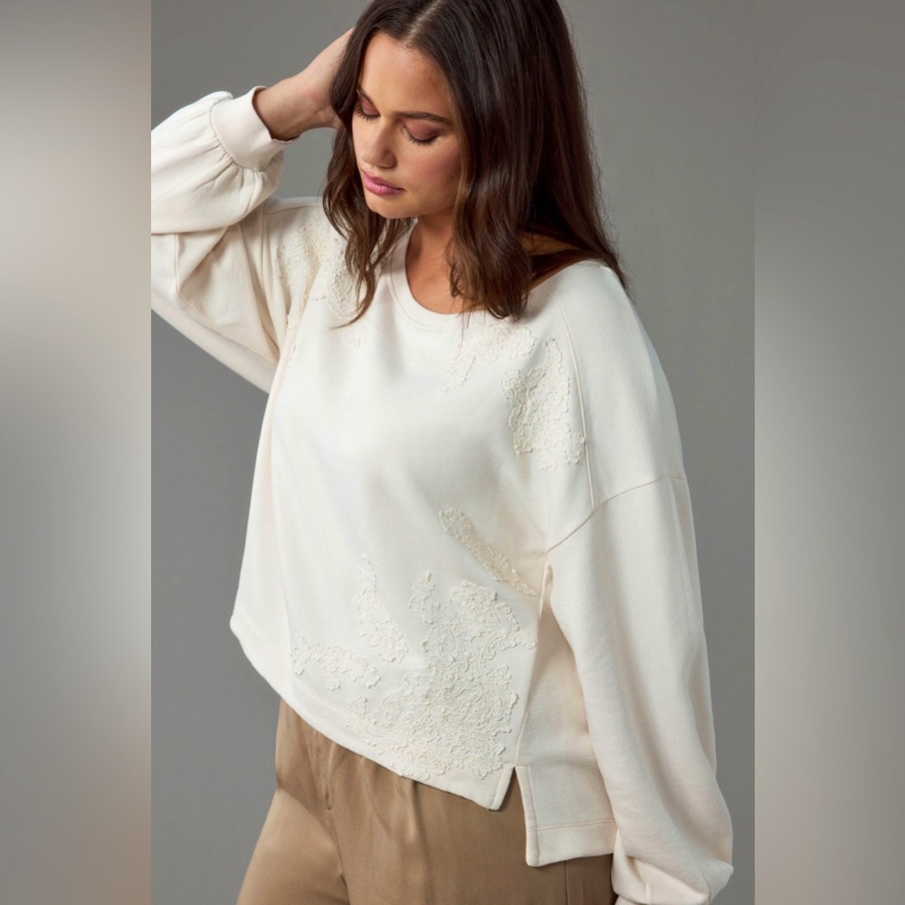 Anthropologie Crochet Appliqué Cotton Cream Pullover | Small